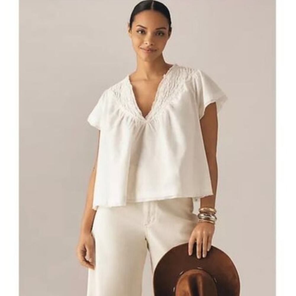 Anthropologie  linen cotton popover oversized smocked top crop boho cottagecore